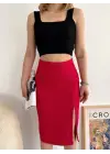 Omarı Esnek Kumaş Yırtmaçlı Midi Boy Etek - Koyu Kırmızı