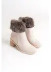 Omarı Tabaan Tüylü Topuklu Bayan Bot - Krem