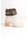 Omarı Tabaan Tüylü Topuklu Bayan Bot - Krem