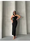 Omarı Şık Krinkıl Tek Omuz Siyah Uzun Elbise