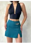 Omarı Petrol Yeşili Zincir Detaylı Şort Etek