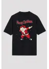 Omarı Merry Christmas Baskılı Siyah Noel Babalı T-shirt