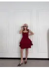 Omarı Bordo Mini Askılı Elbise