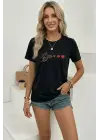 Minimal Kalp İşaret Baskılı Tişört Kısa Kol Yazlık T-Shirt - Siyah