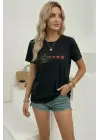 Minimal Kalp İşaret Baskılı Tişört Kısa Kol Yazlık T-Shirt - Siyah