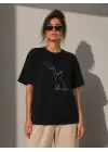 Minimal Kedi Çizim Baskılı Tişört Kısa Kol Yazlık T-Shirt - Siyah