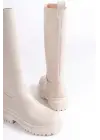 Omarı Fermuarlı Rahat Tabanlı Bayan Çizme - Krem