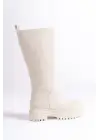 Omarı Fermuarlı Rahat Tabanlı Bayan Çizme - Krem
