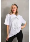 Omarı Büyük Beden Taş Desenli Beyaz T-Shirt