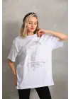 Omarı Büyük Beden Taş Desenli Beyaz T-Shirt