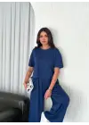 Omarı Yumuşak Dokulu Bisiklet Yaka T-shirt ve Bol Paça Pantolon Takımı - Saks Mavi