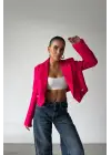Omarı İnci Düğme Detaylı Crop Ceket - Fuşya
