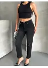Mom fit enzim bıyıklı taş yıkama jeans pantolon siyah d2006
