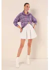 Mor Beyaz Kareli Desenli Oversize Uzun Basic Gömlek 3900