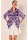 Mor Beyaz Kareli Desenli Oversize Uzun Basic Gömlek 3900