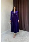 Mor Göğüs Altı Taşlı Elbise