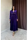 Omarı Taşlı Elbise - Göğüs Altı Detaylı Mor Elbise