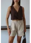 Müslin kumaş şort bağcıklı bej pt