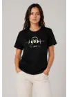 Müzik Temalı Baskılı Tişört Bisiklet Yaka Kısa Kol T-Shirt - Siyah