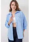 Nakışlı Oversize Gömlek 20338 - Mavi
