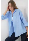 Nakışlı Oversize Gömlek 20338 - Mavi