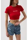 Omarı Renkli Baskılı Crop T-Shirt Modeli
