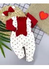 Omarı Bandanalı Fiyonk Detaylı Kız Bebek Tulumu - Kırmızı Kalp Desenli