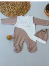 Omarı Bebek Tulumu - Nakışlı Es Çizgi Boy Şapkalı Kahverengi