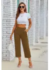 Omarı Beli Lastikli Düğme ve Cep Detaylı Kadın Kapri Pantolon