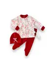 Omarı Çiçek Desenli Kız Bebek Patikli 3lü Takım Kırmızı