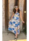 Omarı Çiçek Desenli Yandan Yırtmaçlı Maksi Elbise