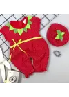 Omarı Çilek Desenli Bebek Tulumu - Kırmızı Penye Kumaş, 3-6-9 Ay