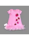 Omarı Çilek Nakışlı Fırfırlı Pembe Kız Çocuk Elbisesi