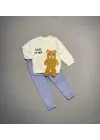 Omarı Çocuk Takımı - Ayıcık Desenli Sallanan Ayak Sweat Pantolonlu 2-3-4 Yaş Ekru