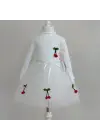 Omarı Çocuk Tütü Elbise - Kiraz Desenli Kemerli Uzun Kollu Beyaz