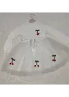 Omarı Çocuk Tütü Elbise - Kiraz Desenli Kemerli Uzun Kollu Beyaz