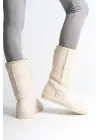 Omarı Düz Tabaan İçi Kürklü Süet Bayan Bot - Krem