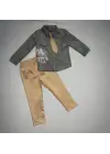 Omarı Elegan Keten Çocuk Takımı Uzun Kollu Pantolonlu Kahverengi 3lü Set