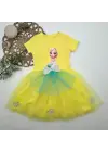 Omarı Elsa Desenli Fiyonklu Kız Çocuk Tütü Elbise Sarı