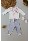 Omarı Fırfır Detaylı Bandanalı Kız Bebek Sweat Takımı 3lü Ekru