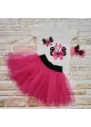 Omarı Fuşya Kelebek Nakışlı Taçlı Kısa Kollu Tütü Etek 3lü Kız Bebek Takımı