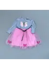 Omarı Kelebek Desenli Astarlı Kız Çocuk Tütü Elbise - Pembe