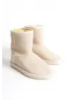 Omarı Krem Süet İçi Kürklü Bayan Bot - Bağcıksız, Düz Taban