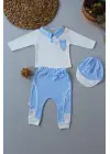 Omarı Nakışlı Cep Şapkalı Erkek Bebek Sweat 3lü Takım Mavi
