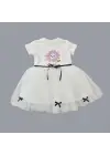 Omarı Payet Yapraklı Çiçek Nakışlı Kız Bebek Tütü Elbisesi Beyaz