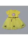 Omarı Payet Yapraklı Çiçek Nakışlı Kız Bebek Tütü Elbisesi Sarı