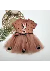 Omarı Puantiyeli Mickey Baskılı Tütü Elbisesi Kahverengi