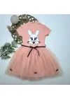 Omarı Pudra Renkli Payetli Tavşan Desenli Kız Çocuk Elbisesi