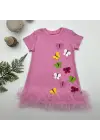 Omarı Renkli Kelebek Nakışlı Fırfırlı Çocuk Elbisesi Pembe