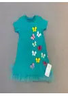Omarı Renkli Kelebek Nakışlı Fırfırlı Çocuk Elbisesi - Turkuaz